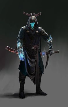 an image of a man with two swords in his hand and wearing a hooded outfit