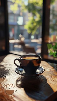 a cup of coffee sitting on top of a wooden table