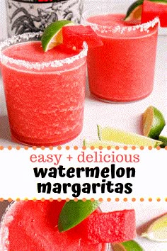 two glasses filled with watermelon margaritas and garnished with lime slices