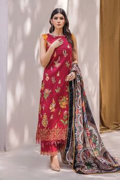 EMB Cambric Front Dyed Cambric Back & Sleeves EMB Front Back & Sleeves Lace Printed Silk Dupatta EMB Cambric Trouser EMB Trouser Lace Color: Red Designer Winter Dresses, Ladies Suit, Lace Print, Silk Dupatta, Printed Silk, Fashion Updates, Winter Dresses, Silk Printing, Suits For Women