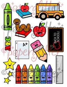 the back to school clipart set includes crayons, books, pencils and an apple