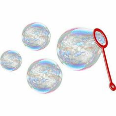 three soap bubbles and a red handle on a white background