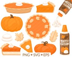 an assortment of pumpkin pies, whipped cream and maple syrup on a white background