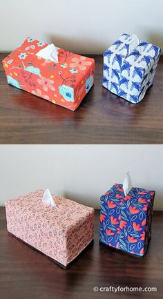 three different types of tissue boxes on a table