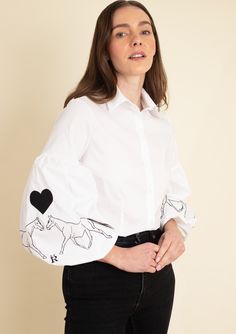 Annie Shirt Embroidered | White & Black - Rönner White Tops With Embroidered Cuffs For Workwear, Elegant Catering, Embroidered Button Up Shirt, Modern Equestrian, Horse Embroidery, Velvet Loafers, Equestrian Lifestyle, Tailored Blazer, White Button Down