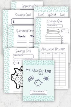 four printable worksheets for the money log and savings goal, with piggy bank