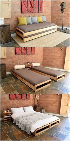 the bed is made out of pallet wood and has pillows on it, but no sheets