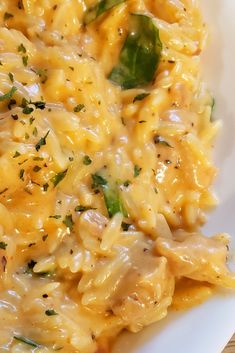 a white plate topped with macaroni and cheese covered in green garnish