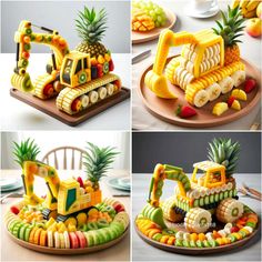 various pictures of fruit carved into the shape of construction vehicles and fruits on top of each other