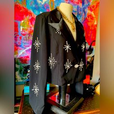 Love This Jacket! Crazy For Selling It! Beautiful Vintage Piece. Bling On The Front And Sleeves! Great Details! Button Closurealso Pretty Rhinestone. No Tags Present. About A Ladies Large. Measurements Avail. It’s Crazy Beautiful Follow Along On Ig @Laughincolorstudio For Styling, Rare Luxury And Original Art Beaded Tuxedo Jacket, Festive Embellished Vintage Outerwear, Luxury Vintage Embellished Outerwear, Luxury Black Embellished Blazer, Vintage Black Embellished Outerwear, Black Tuxedo Jacket, Black Tuxedo, Tuxedo Jacket, Blazer Suit