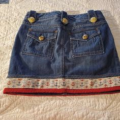 Mini Skirt Out Of Jeans, Recycled Skirt, Denim Mini Skirt Outfit, 2000s Fashion Inspiration, Sailor Skirt, Embroidered Denim Skirt, Denim Skort, Anchor Print, Jean Vintage