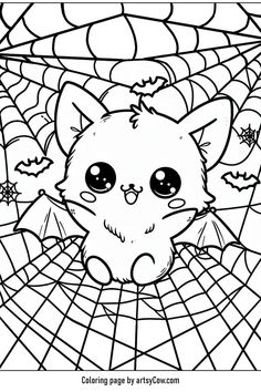 a coloring page with a cute little cat in the spider web and bats on it