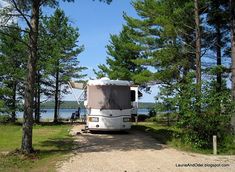 an rv parked on the side of a road next to some pine trees and water