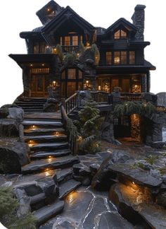 an image of a house that is lit up at night with lights on the steps