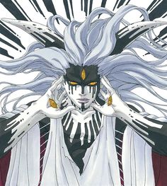 an anime character with long white hair and yellow eyes holding his hands to his face