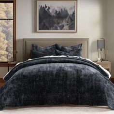 a bedroom with a large bed covered in black and white linens next to a window