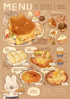 an illustrated menu with cartoon characters and food items