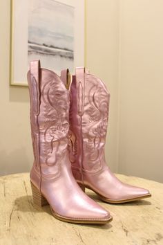 Boots run true to size Mid height, pink metallic detail Pink Metallic Boots, Pink Glitter Cowgirl Boots, Pink Metallic Cowgirl Boots, Metallic Cowgirl, Western Style Pink Mid-calf Boots For Winter, Pink Western Style Mid-calf Boots For Winter, Cow Boots, Western Style Pink Mid-calf Boots, Movie Outfits