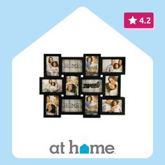 a house with many pictures on it and the words at home above them are photos of people