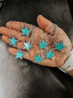 Add a statement piece to your look with The Star Necklace. Features a Turquoise Star Shaped Pendant necklace. Crafted from 18" sterling silver cable chain for a unique and eye-catching accessory that matches any look. Grab yours now. *Jewelry is final sale and not applicable for exchanges or returns* Trendy Star-shaped Blue Jewelry, Trendy Blue Star-shaped Jewelry, Trendy Blue Star Shaped Jewelry, Turquoise Rock, Silver Smithing, Star Choker, Cowgirl Accessories, Jewelry Star, Color Turquesa