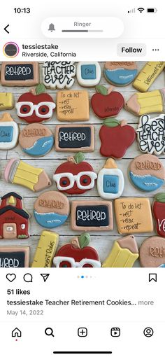 an iphone screen with cookies on it and the words teacher retirement cookies written in different languages