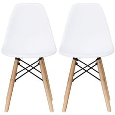 two white plastic chairs with wooden legs