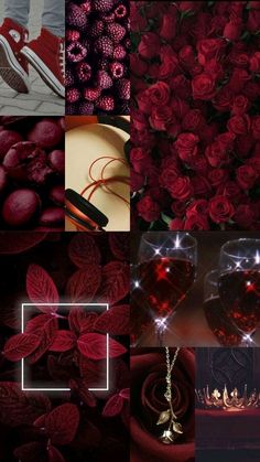 the collage shows red roses, shoes and other items in different colors with white lights