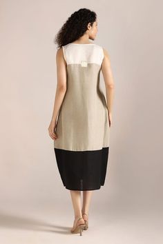 Off white, black and beige linen dress featuring threadwork patterns on a colour block panelled base. - Aza Fashions Summer Linen Dress With Patchwork, Summer Linen Patchwork Dress, Sleeveless Beige Patchwork Dress, Chic Beige Linen Sleeveless Dress, Chic Beige Sleeveless Linen Dress, Beige Linen Dress, Colour Block Dress, Steps Dresses, Block Dress