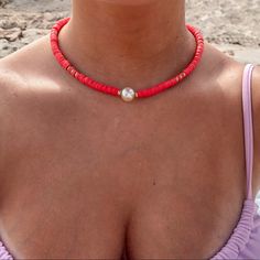 This Handmade Red Choker With White Pearl Will Look Great For Any Fun, Chill Day With The People You Love. Great Beach Vibes And Good Energy :) Much Love! <3 Red Summer Beach Jewelry, Summer Beach Red Jewelry, Casual Red Jewelry For Vacation, Horror Necklace, Alien Necklace, Beachy Necklace, Green Pendant Necklace, Red Choker, Mickey Mouse Necklace