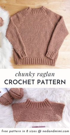 a crochet sweater and booties with text that reads chunk raglan crochet pattern