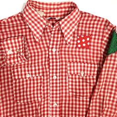 "Article is in excellent vintage condition. Has a couple of patches sewn on it. They can be removed. Chest: 38\" Length:29\" Sleeves: 30\"" Retro Red Cotton Shirt, Vintage Gingham Button-up Shirt, Retro Button-up Flannel Shirt, Vintage Red Flannel Shirt With Button Closure, Red Vintage Flannel Shirt With Button Closure, Retro Collared Flannel Shirt, Retro Gingham Tops With Button Closure, Retro Gingham Top With Button Closure, Vintage Long Sleeve Tops With Patches