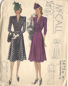 ~ Circa/Date: 1939 WW2 ~ Details:   Two style variation DRESS  ~ Size/Measurements (Inches):     ~ Size: 18     ~ BUST: 36″     ~ Waist:  30″     ~ Hip: 39″ ~ Please Note: ~ You are buying a 'Professional Reproduced' copy of this sewing pattern. Copied from the original sewing pattern. Produced in Full Scale Pattern Pieces ready to cut with full instructions included. Reproduced on high quality 50 gm paper with black ink, durable and easier for reuse. Printed by a Professional Printing Company.   ~ With this product comes an accompanying 'Booklet' and inside the Booklet it includes: ~ A 2-page Instructions and Illustrations on 'How to Adjust Your pattern to your Personal Measurement.' ~ Personal Measurement Chart ~ Body Form Illustrations ~ Fitting Checklist ~ Metric Equivalency Chart ~ No Classic Fitted Dress With Vintage Pattern, 30s Dress Pattern, 1940s Style, London College Of Fashion, Vintage Dress Patterns, Vogue Sewing, Motif Vintage, 1940s Dresses, 1930s Fashion