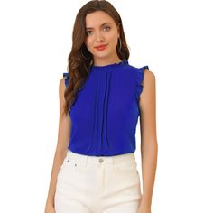 The ruffled sleeveless design would show demure, feminine grace, and also lend shape and texture. Crafted from a lightweight material, it is shaped with an elegant crew neckline, and pleat detailing, and comes in a relaxed cut for easy, breezy wear. This vintage blouse is designed with ruffled trim and solid color, especially for a professional look at work. Feminine Sleeveless Blue Blouse, Blue Sleeveless Ruffled Tops, Blue Ruffled Sleeveless Blouse, Ruffled Tank Top For Workwear, Sleeveless Ruffle Blouse, Ruffled Sleeveless Blouse For Work, Ruffled Sleeveless Blouse Tank Top For Work, Sleeveless Blouses, Viridian Green