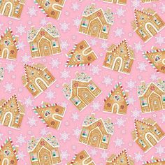 a pink background with gingerbread houses and snowflakes