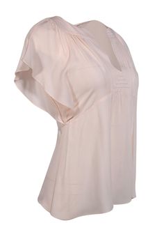 Feminine Flowy V-neck Top, Chic Short Sleeve V-neck Top For Spring, Chic Pink V-neck Top For Spring, Flowy V-neck Feminine Tops, Feminine Flutter Sleeve Blouse, Elegant Spring Tops With Flutter Sleeves, Elegant Flutter Sleeve Tops For Spring, Solid Color Feminine V-neck Top, Kate Spade Fitted Casual Tops