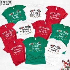 Most Likely To Christmas Group Shirt, Personalized Family Christmas Shirts, Christmas Party Shirts, Matching Christmas Shirt, Xmas Pajamas  We wish everyone to smile with our cute, stylish, and trendy graphic T-shirts. We assure you this shirt is the perfect gift whether you buy it for yourself or someone else. Black text is only used for White, Athletic Heather, Baby Blue, Natural, Orange, Yellow, Heather Peach, Pink, Mint, Cancun, Banana Cream, and Desert Pink colored shirts. White text is used for other colored shirts. Please review all the photos for the appearance of the designs on the shirts. Color and size charts are included in the listing photos. If you have any other design wish that you couldn't find in the shop, do not hesitate to CONTACT us. We are delighted to help you! 💧 C Cousin Christmas Shirts Funny, Red Christmas Shirt For Holiday, Desert Pink, Xmas Pajamas, Christmas Pj, Matching Christmas Shirts, Christmas Party Shirts, Group Shirts, Xmas Shirts