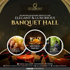 an elegant and luxurious banquet hall advertises the company's birthday party with candles