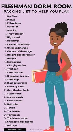 a woman standing in front of a pink background with the words freshman dorm room packing list