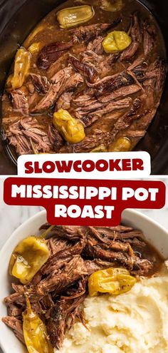 slow cooker mississippi pot roast with mashed potatoes and peppers