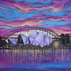 a painting of the sydney opera house and harbour bridge at sunset with purple clouds in the sky