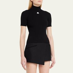 Courreges ribbed knit sweater features logo embroidered front Mock neckline Short sleeves Fitted Pullover style Viscose Imported Courreges Top, Latest Sweater, Rib Knit Top, Embroidered Sweater, Mock Neckline, Ribbed Knit Sweater, Mock Neck Sweater, Knitted Pullover Sweaters, Knit Fashion