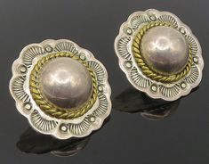 "MEXICO 925 Sterling Silver - Vintage Two Tone Floral Dome Drop Earrings - EG5853  MEXICO 925 Sterling Silver - Vintage Two Tone Floral Dome Drop Earrings - EG5853  Jewelry Type:         Earrings   Metal Type:            925 Silver  Metal Size:             1\"  Stone Type:            N/A  Condition:              N/A  Jewelry Weight:     11.3 Grams  PLEASE NOTE: THIS ITEM IS PRE-OWNED. ALTHOUGH MOST ITEMS ARE IN VERY GOOD CONDITION, SOME MAY NEED CLEANING AND/OR MINOR REPAIRS. WE MAKE A VERY STRO Elegant Silver Concho Earrings, Elegant Concho Earrings For Gift, Earrings Metal, All Pictures, Types Of Metal, Toner, Metallic Silver, Two Tone, 925 Silver