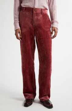 Lustrous, irregular corduroy brings distinctive texture and a vintage feel to pants crafted in a straight-leg silhouette. 33" inseam; 20" leg opening; 12" front rise; 16" back rise (size Medium) Zip fly with button closure Front slant pockets; back patch pockets Lined 100% viscose Dry clean Imported Designer Clothing Back Patch, Bottoms Pants, Designer Clothing, Straight Leg, Dry Clean, Nordstrom, Bring It On, Size Medium, Texture