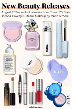 New beauty products for August 2024 featuring exciting releases from Tower 28, Marc Jacobs, Covergirl, Milani, Makeup by Mario, and more, showcasing makeup, fragrance, and skincare essentials. Bobbi Brown, The Holiday, Scents, Product Launch