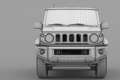 the front end of a white jeep with its hood up and grilles down, on a gray background