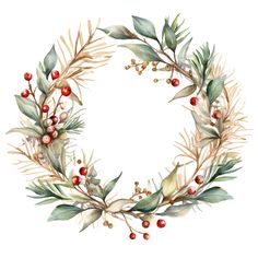 a watercolor wreath with berries and leaves