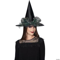 Finish off your witchy costume with this enchanted hat! A tall pointed black satin polyester body is complimented by a sheer shimmer greenish blue tulle lace brim, supported by a wire around the edge. A large shimmer lace bow finishes the look off with a unique and stylish flair. Witch Hats Costume, Black Witch Hat, Tulle Bow, Halloween Express, Black Witch, Tulle Bows, Elegant Hats, Blue Tulle, Leather Dye