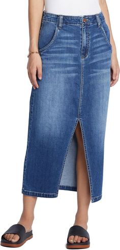 Wash Lab Denim Daily Slit Denim Midi Skirt | Nordstrom Denim Midi Skirt Outfit, Denim Skirt Fashion, Midi Skirt Outfit, Denim Maxi Skirt, Denim Midi Skirt, Neutral Outfit, Denim Design, Chunky Sweater, Cool Sweaters