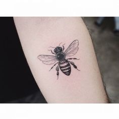 a black and white bee tattoo on the left upper half of the arm, it looks like he is flying