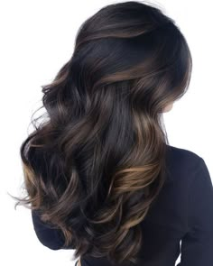 Mini Highlights Dark Hair, Medium Length Black Hair With Highlights, Dark Brown Hair With Honey Highlights, Black Hair Ombre Balayage, Dark Hair Colour Ideas, Deep Brown Hair With Highlights, Dark Brown Bayalage Hair, Bayalage On Black Hair, Black Hair With Subtle Highlights